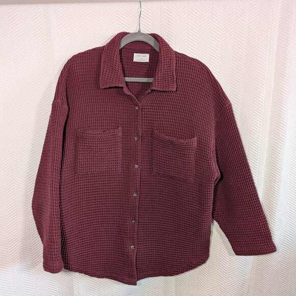 PAPER LABEL Oversized Waffle Button Down Shirt Burgundy Cotton Size Large - Picture 1 of 13